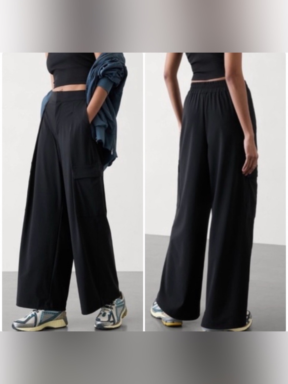Athleta NEW Pinnacle Cargo Trouser In Black High Rise Wide Leg Sz.10Tall Classic